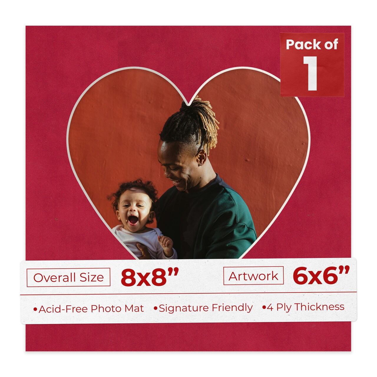 Red Suede Mat Board for 8x8 Frames - Heart Opening for 6x6 Photos